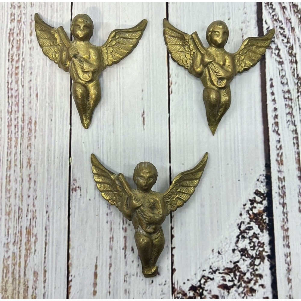 Vintage Brass Cherub Angel Plaque Figures Pieces - Lot of 3 - READ